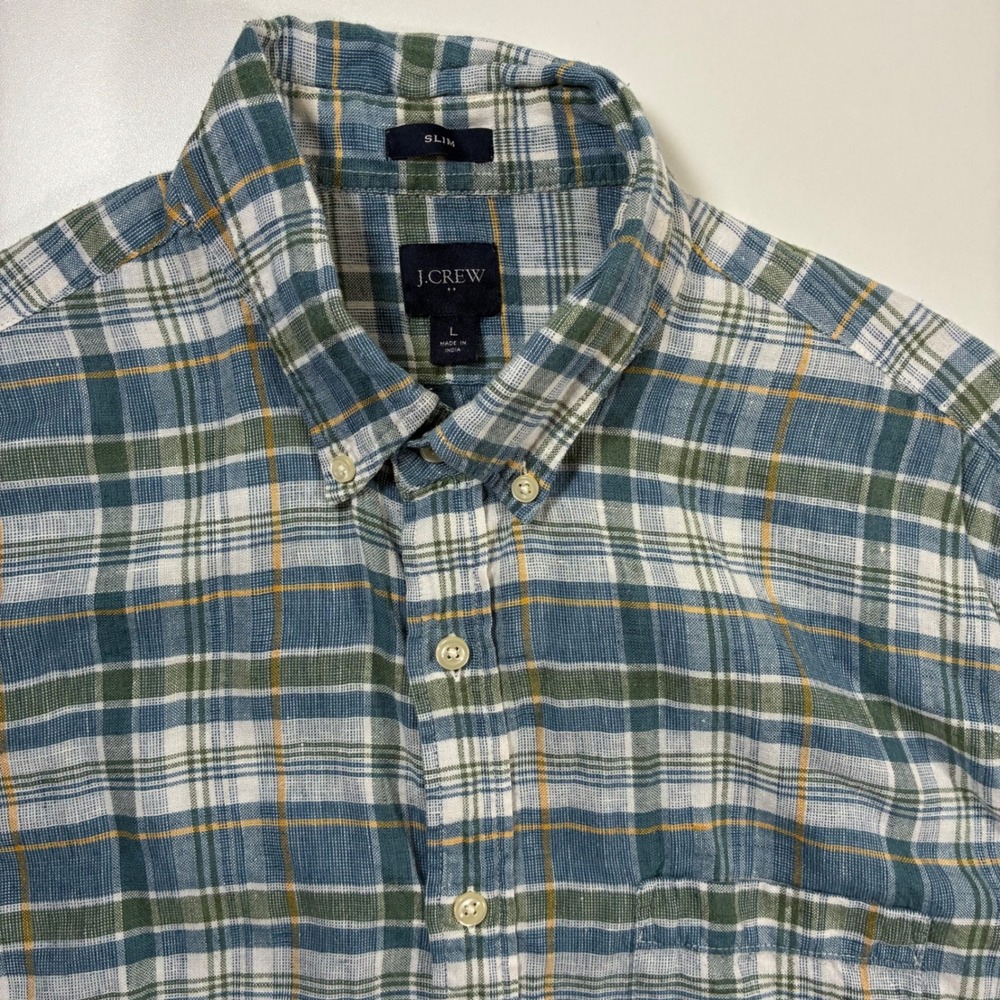 J.Crew Linen‎ Blend Button Down Shirt Large Blue Green Plaid Slim Short Sleeve